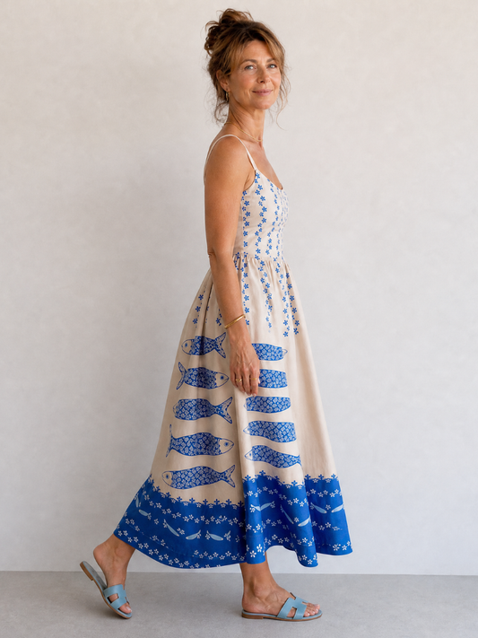 NORIA | Vestido de largo medio sin mangas con estampado de peces