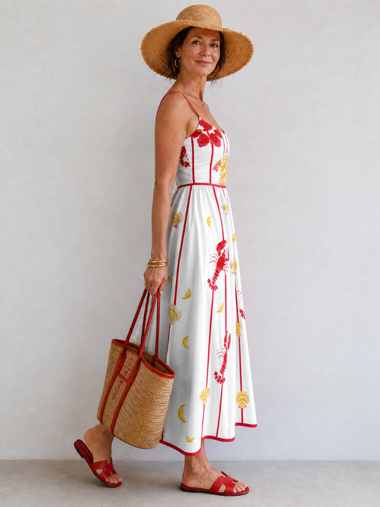 NORIA | Vestido de largo medio con estampado de langostas y conchas