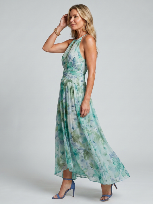 NORIA | Vestido de largo medio plisado de tirantes con delicado estampado floral