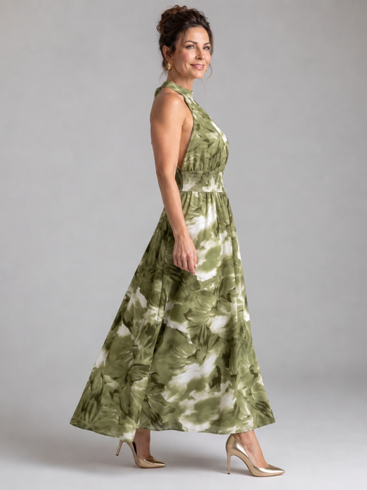 NORIA | Vestido de largo medio con estampado abstracto y cintura drapeada