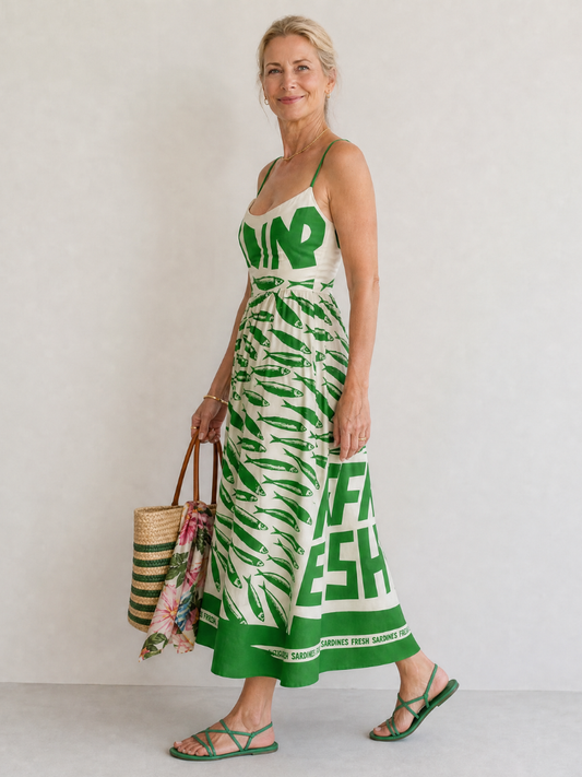 NORIA | Vestido de largo medio con estampado de peces