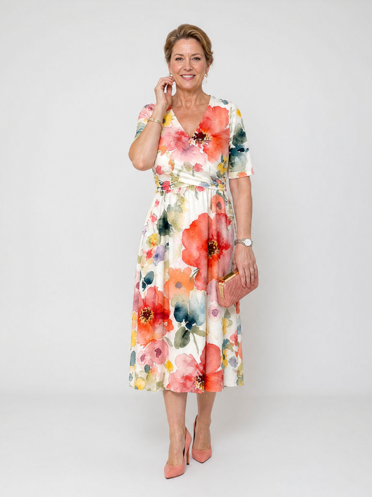 NORIA | Vestido de largo medio de manga corta con estampado floral y escote en V