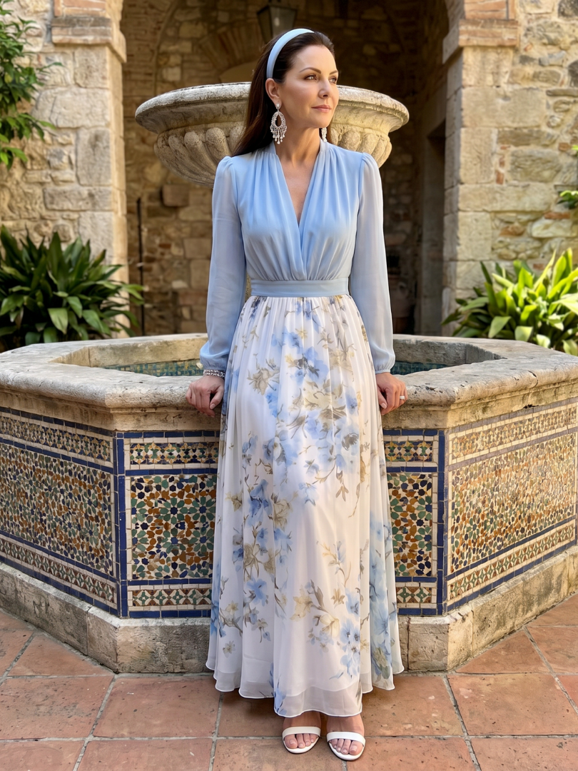 NORIA | Vestido largo floral con escote en V semitransparente