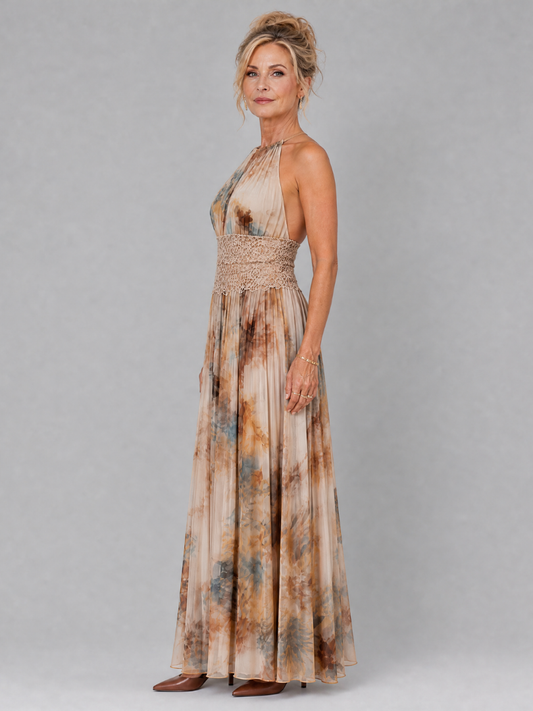 NORIA | Vestido largo con escote al cuello y cintura de encaje