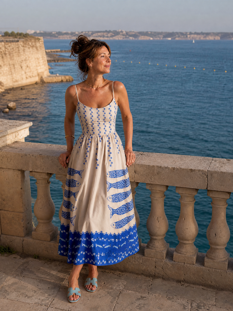 NORIA | Vestido de largo medio sin mangas con estampado de peces