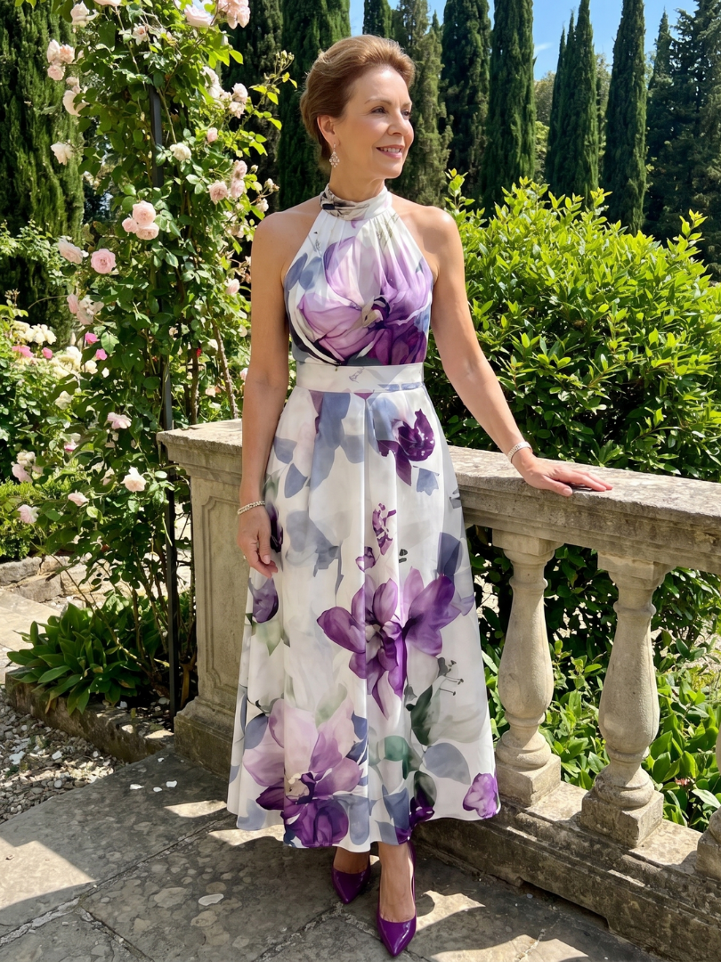 NORIA | Vestido de largo medio fluido con escote al cuello y delicado estampado floral