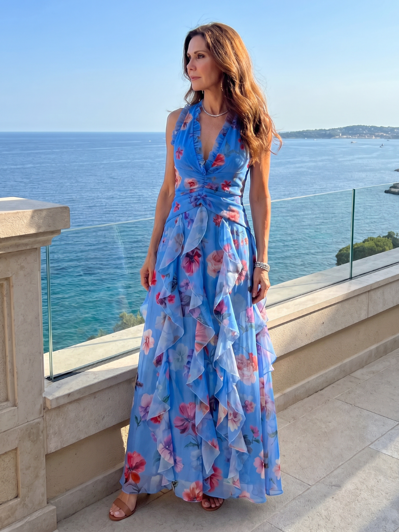 NORIA | Vestido largo floral con escote al cuello y cuerpo fruncido