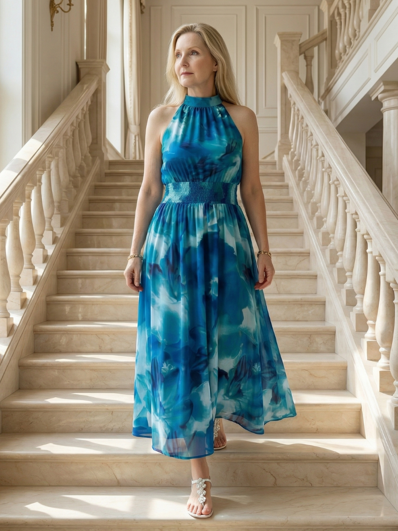 NORIA | Vestido de largo medio fruncido con escote al cuello