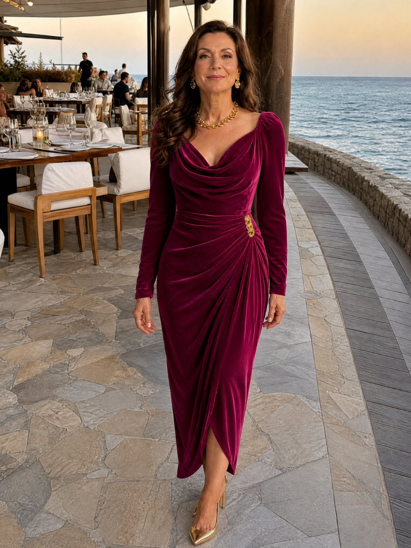 NORIA | Vestido de largo medio satinado con escote drapeado