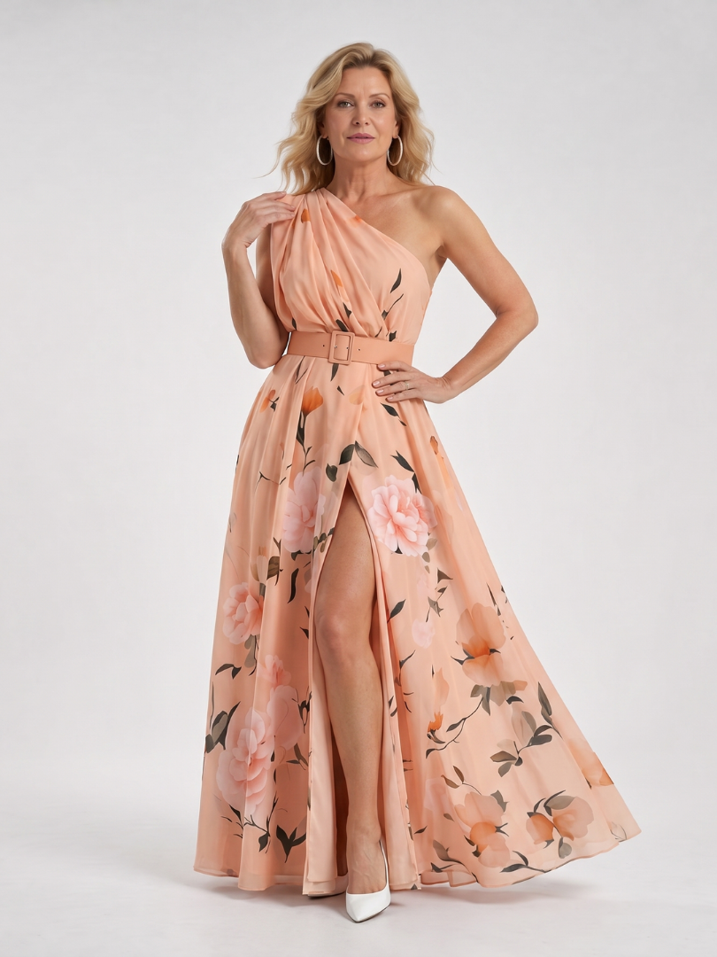 NORIA | Vestido largo de un hombro con estampado floral y cinturón