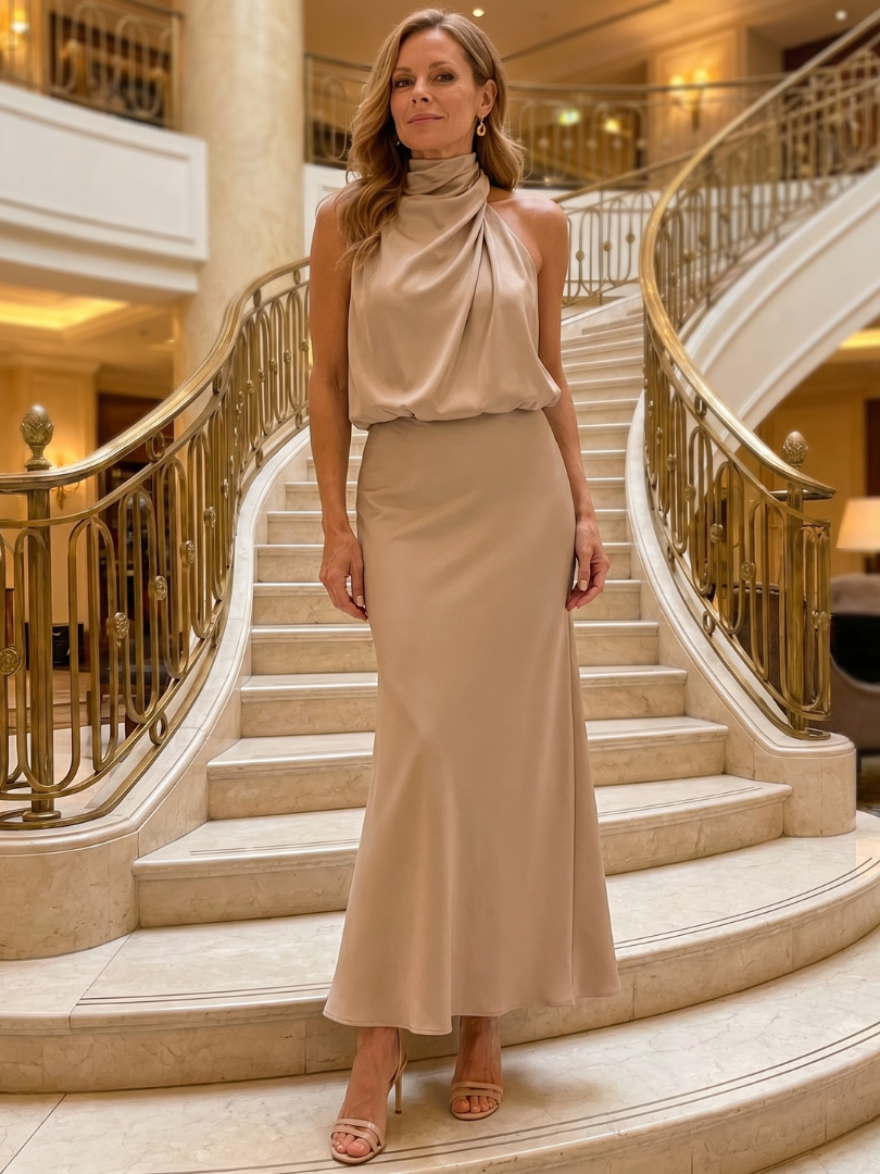NORIA | Vestido de largo medio sin mangas con escote drapeado