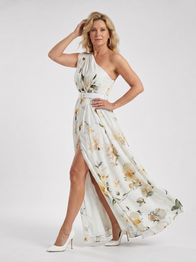 NORIA | Vestido largo de un hombro con estampado floral y cinturón
