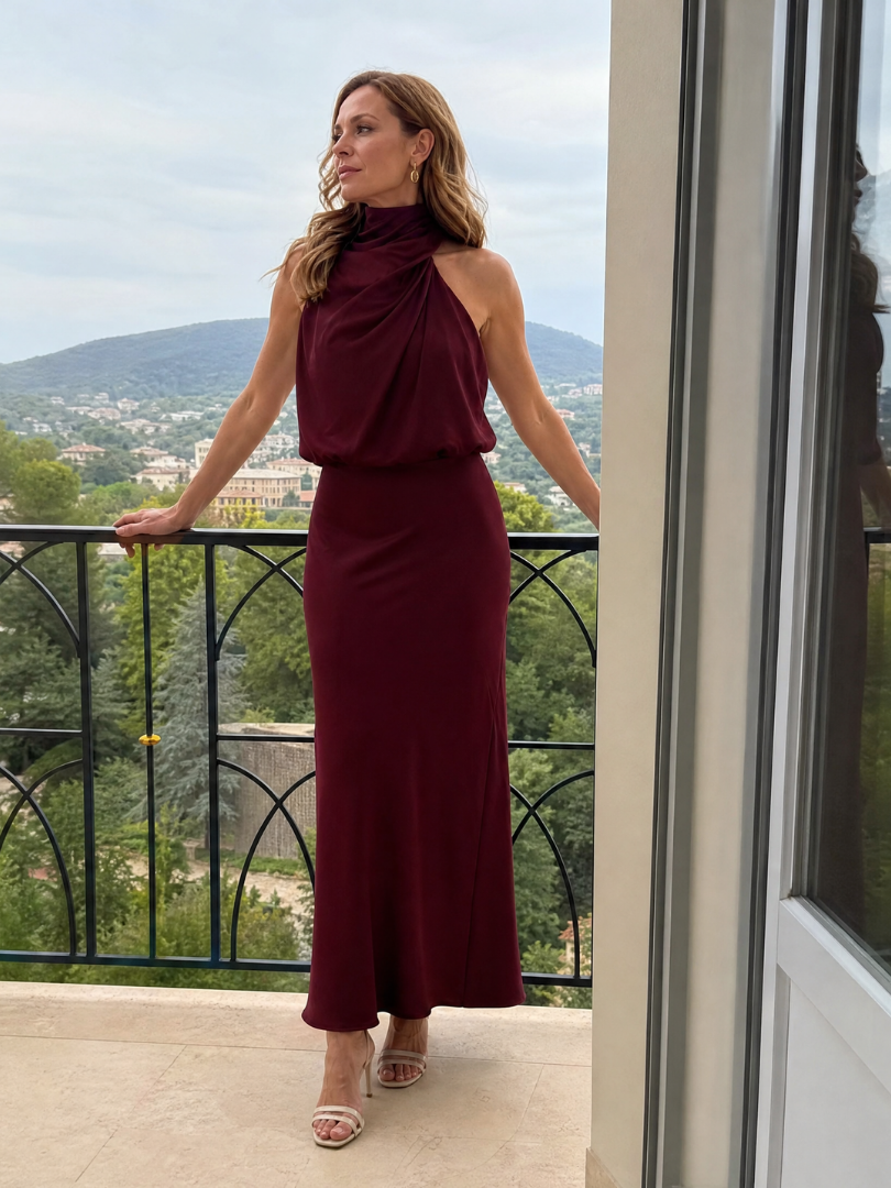 NORIA | Vestido de largo medio sin mangas con escote drapeado
