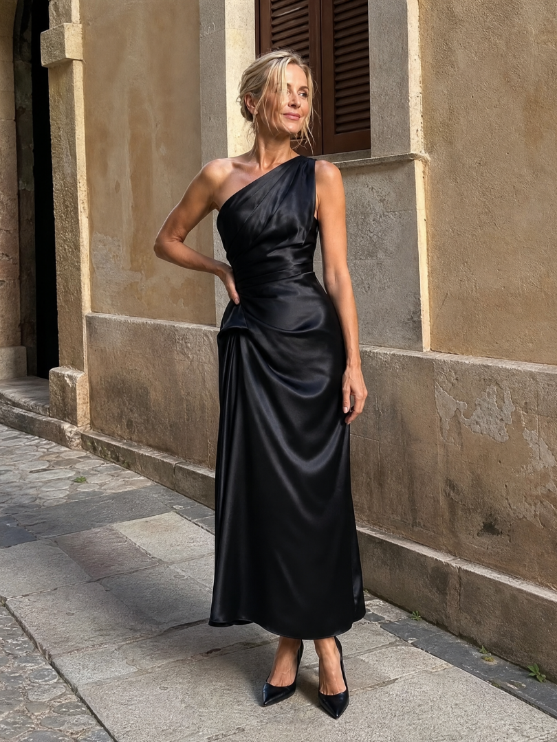 NORIA | Vestido de largo medio satinado y drapeado de un hombro