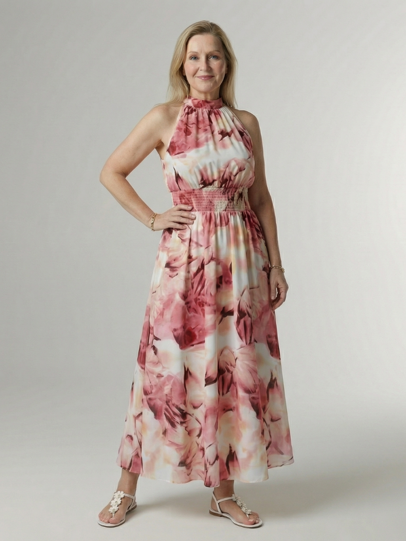 NORIA | Vestido de largo medio fruncido con escote al cuello
