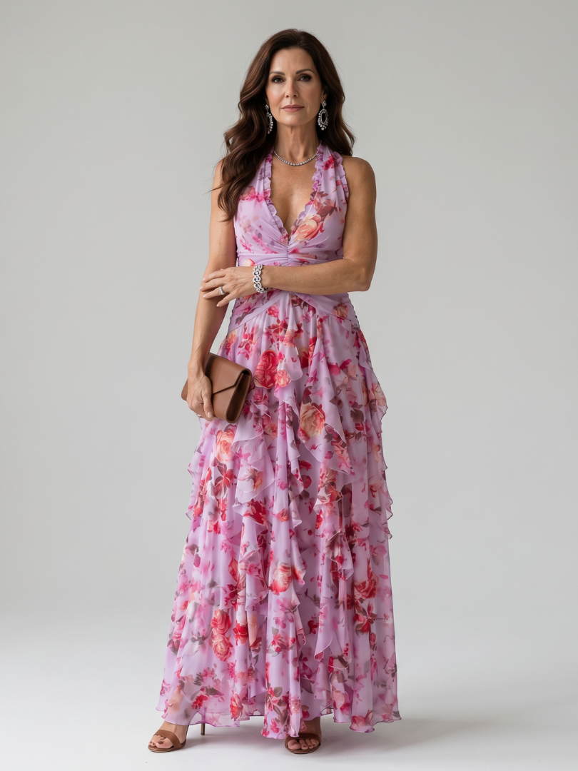 NORIA | Vestido largo floral con escote al cuello y cuerpo fruncido