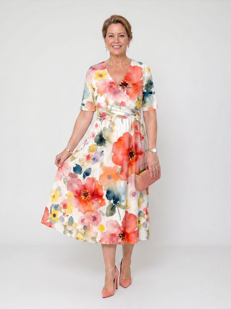 NORIA | Vestido de largo medio de manga corta con estampado floral y escote en V