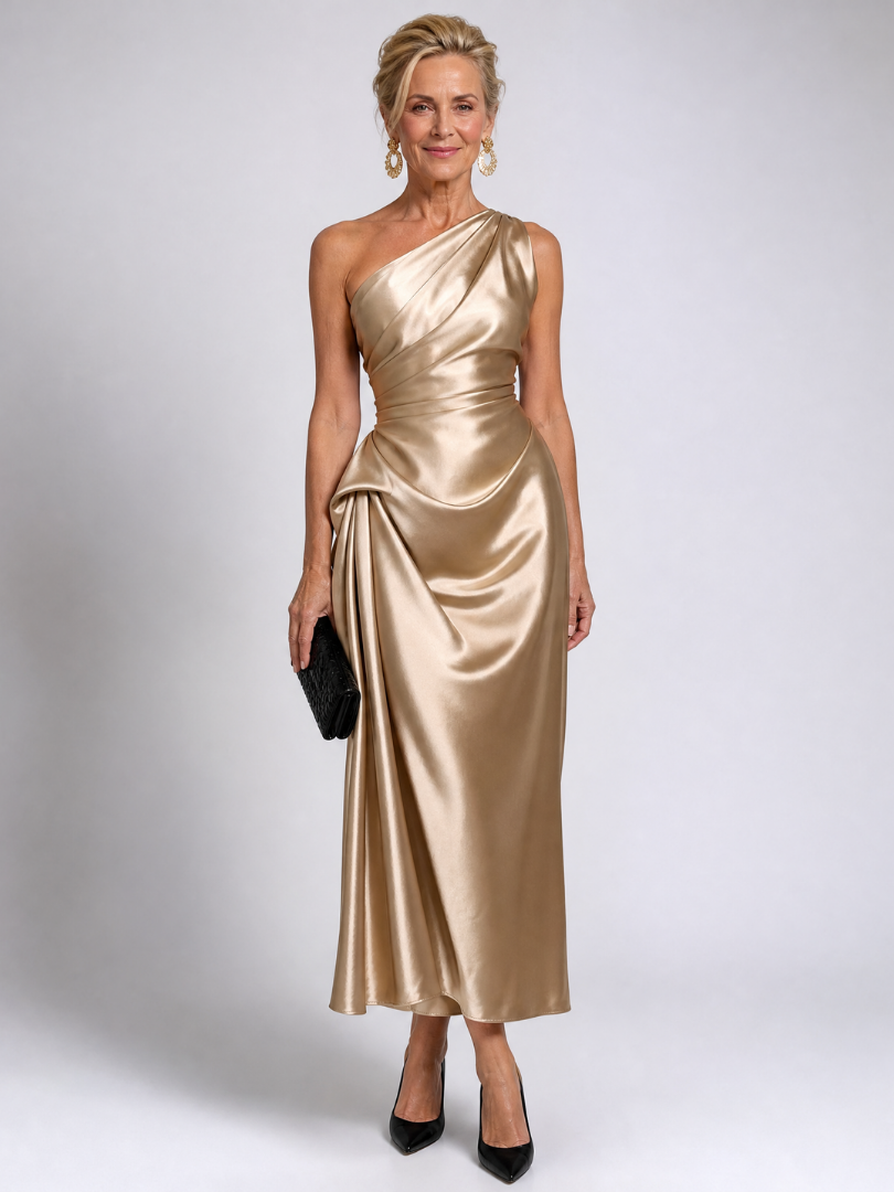 NORIA | Vestido de largo medio satinado y drapeado de un hombro