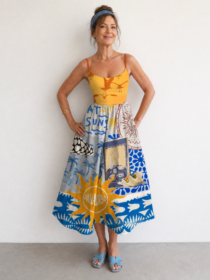 NORIA | Vestido de largo medio sin mangas con estampado costero