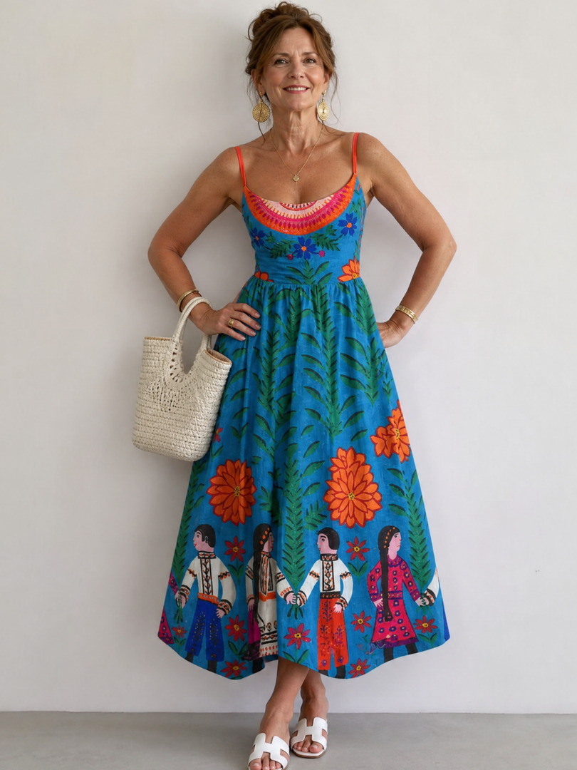 NORIA | Vestido de largo medio sin mangas con estampado folk
