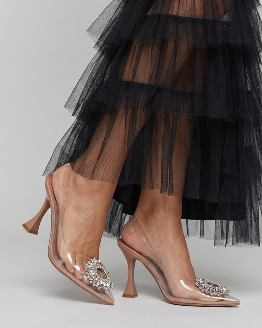 NORIA | Zapatos destalonados de tacón con paneles transparentes y hebilla de pedrería
