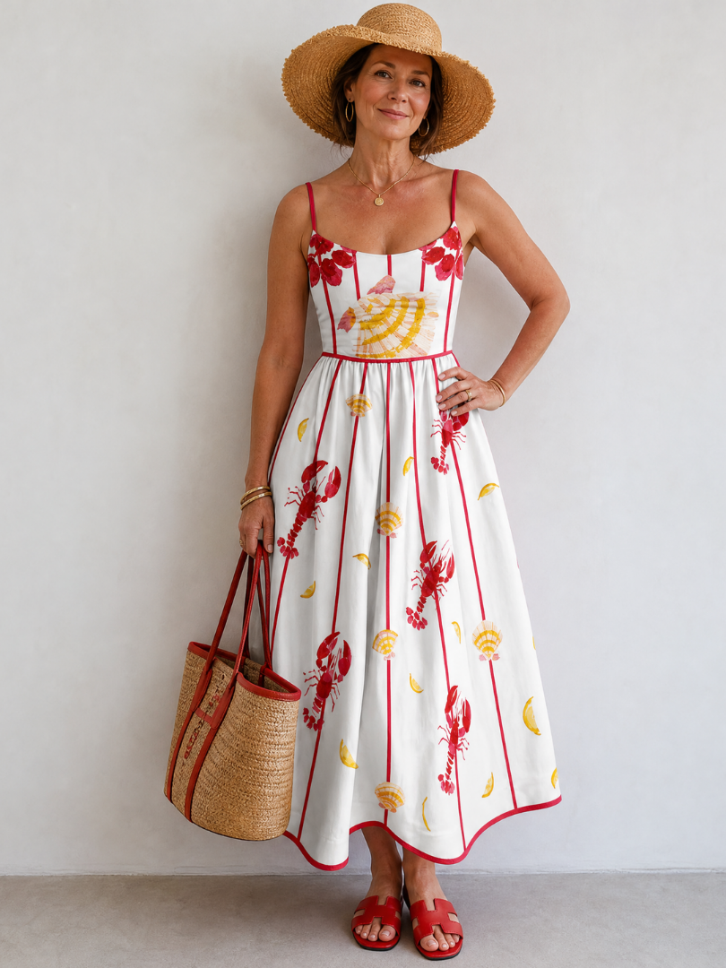 NORIA | Vestido de largo medio con estampado de langostas y conchas