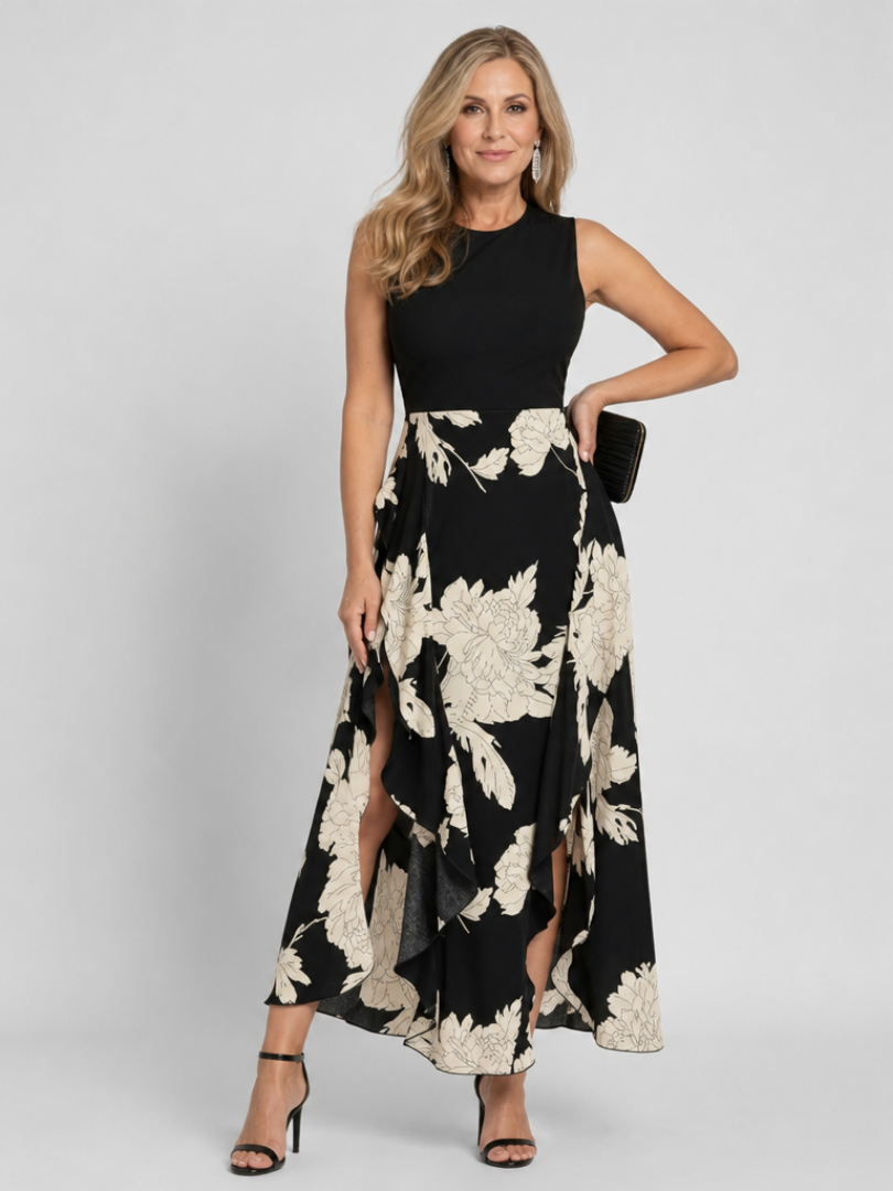 NORIA | Vestido de largo medio sin mangas con estampado floral y bajo asimétrico