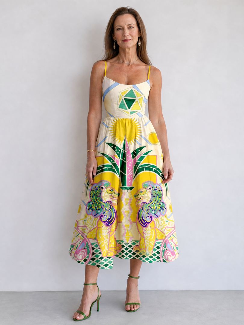 NORIA | Vestido de largo medio con estampado geométrico de león