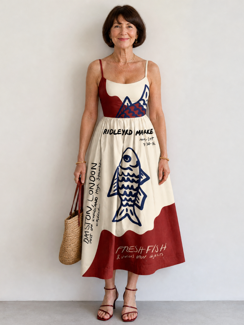NORIA | Vestido de largo medio sin mangas con gráfico de peces