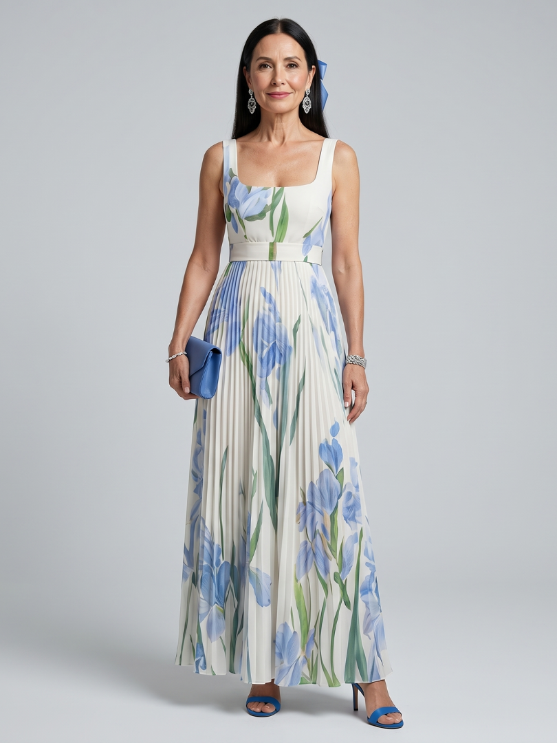 NORIA | Vestido de largo medio sin mangas con escote cuadrado y estampado floral