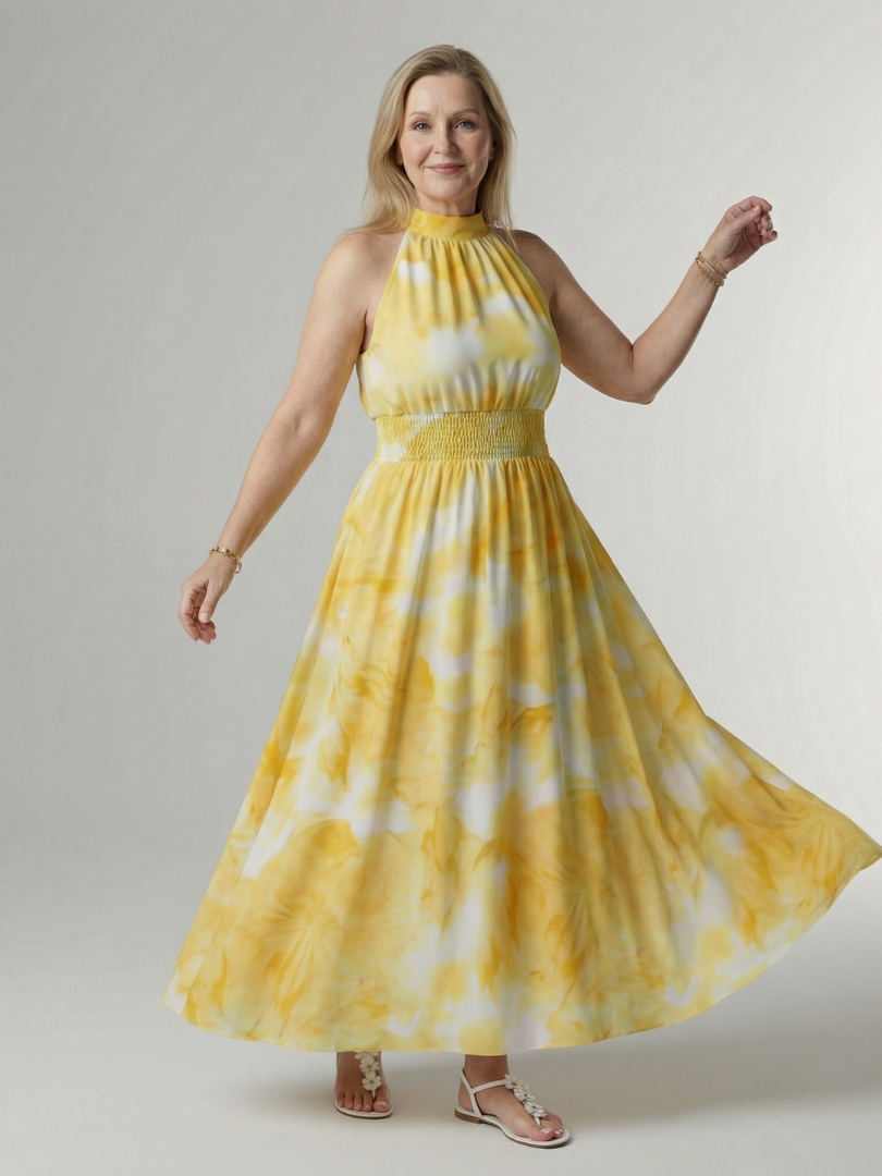 NORIA | Vestido de largo medio fruncido con escote al cuello