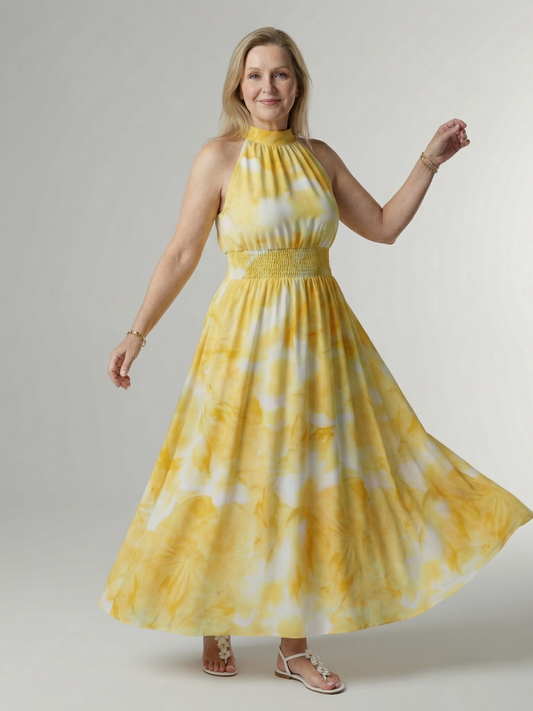 NORIA | Vestido de largo medio fruncido con escote al cuello