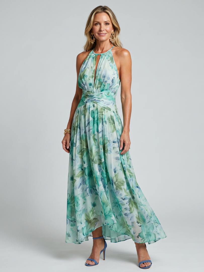NORIA | Vestido de largo medio plisado de tirantes con delicado estampado floral