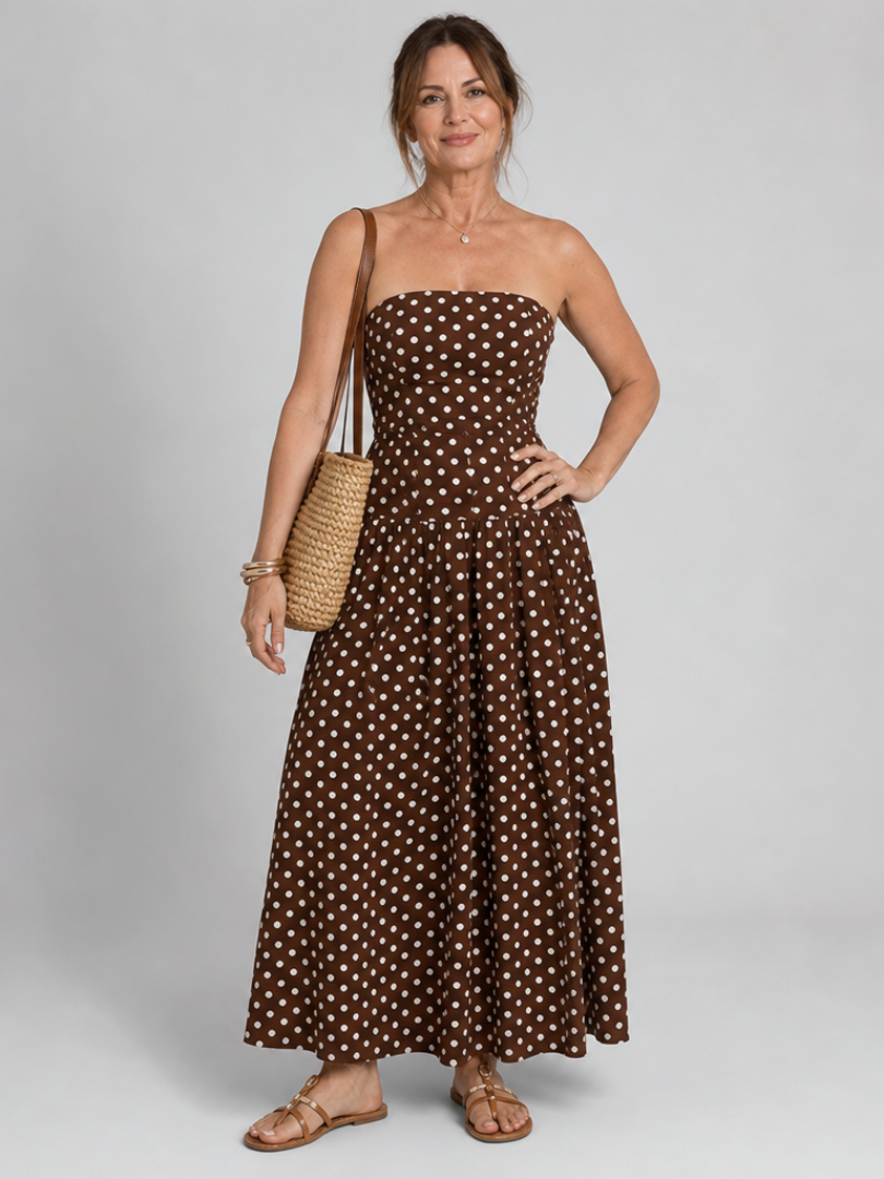 NORIA | Vestido de largo medio sin tirantes con estampado de lunares