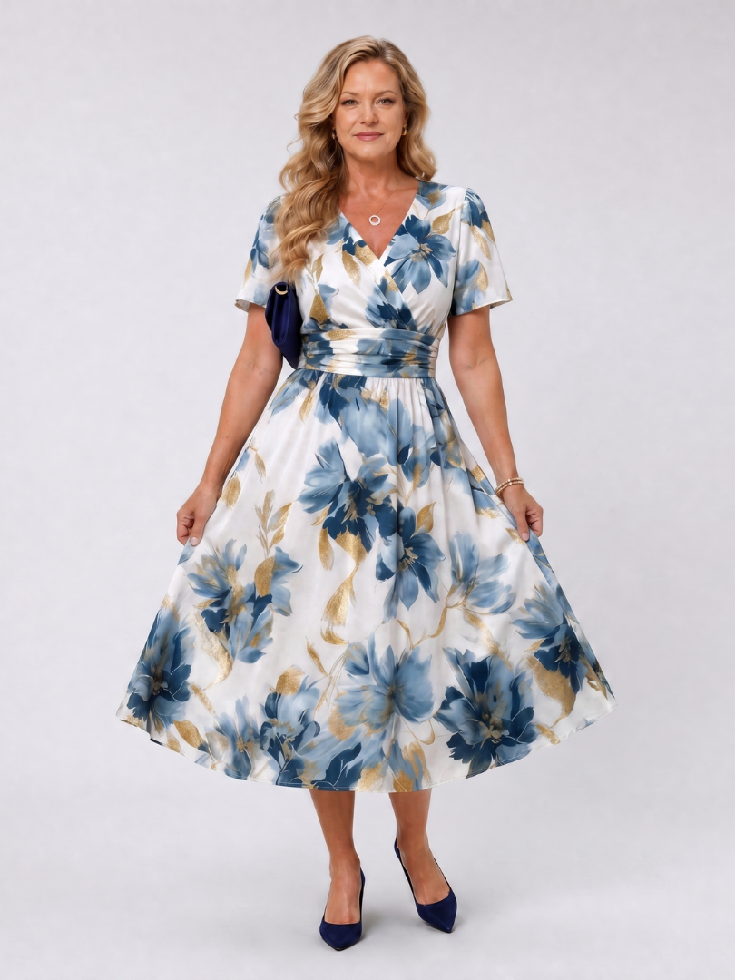 NORIA | Vestido de largo medio cruzado de manga corta con estampado floral