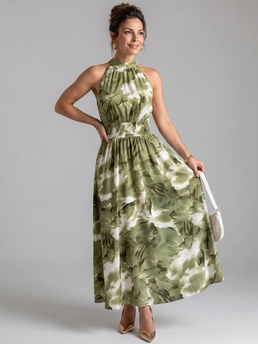 NORIA | Vestido de largo medio con estampado abstracto y cintura drapeada