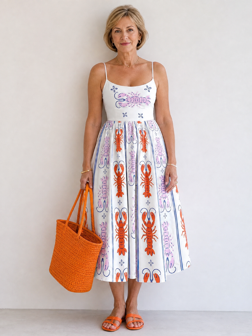 NORIA | Vestido de largo medio sin mangas con estampado de langostas