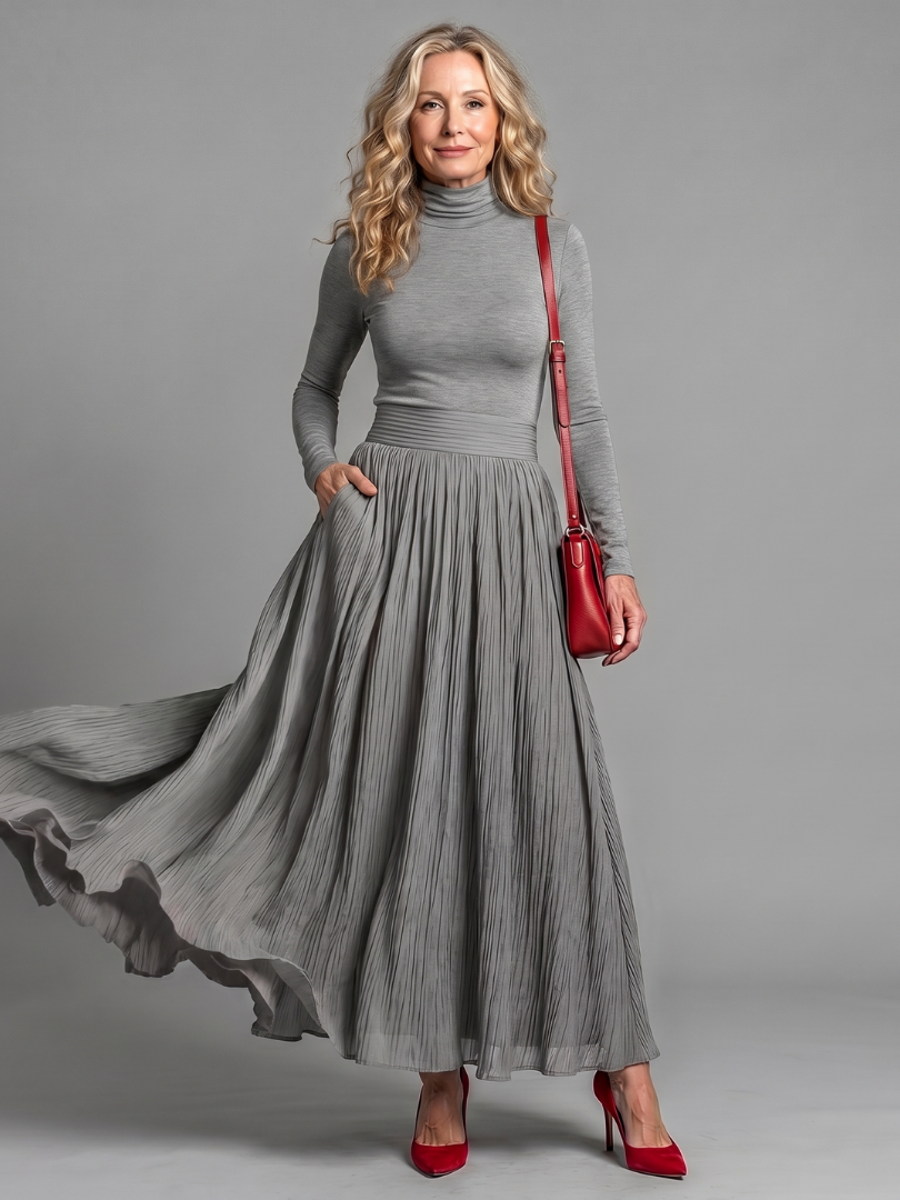 NORIA | Vestido de largo medio de cuello alto y manga larga con cintura marcada