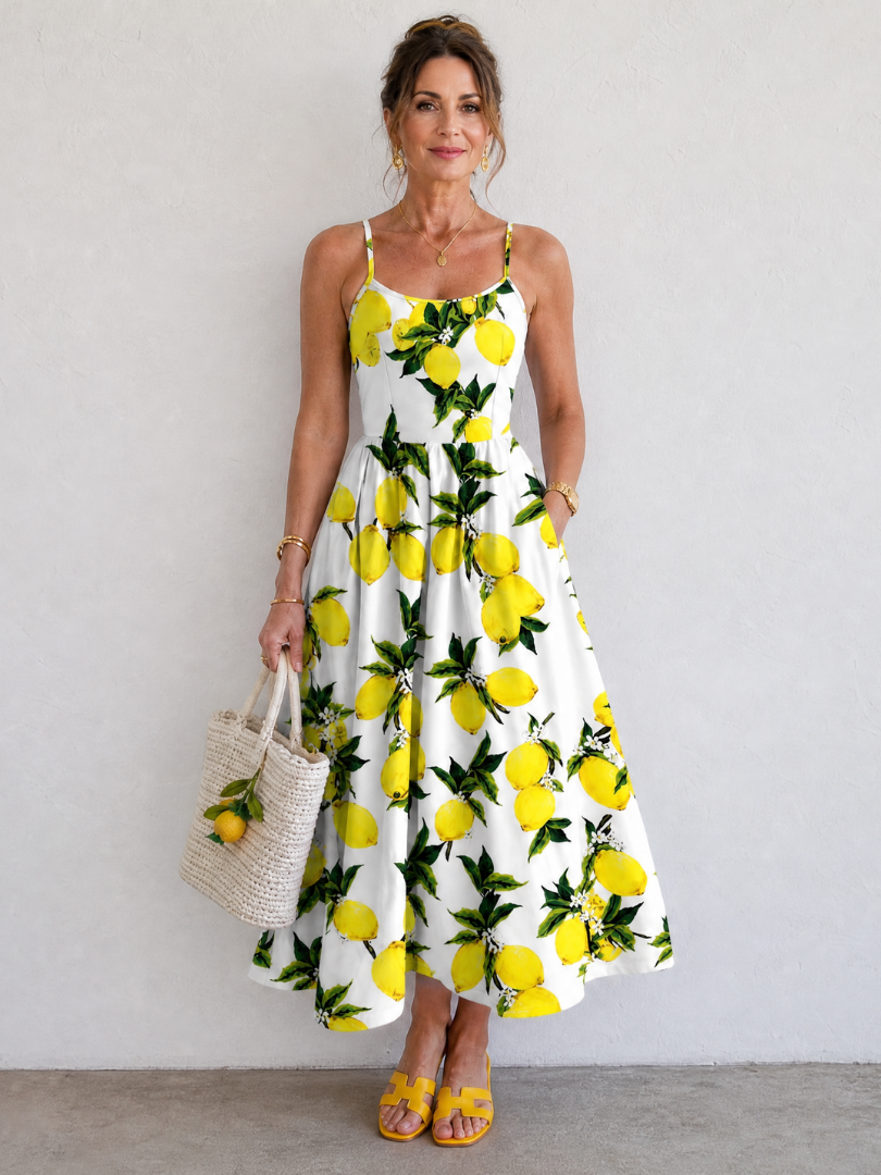 NORIA | Vestido de largo medio sin mangas con estampado de limones