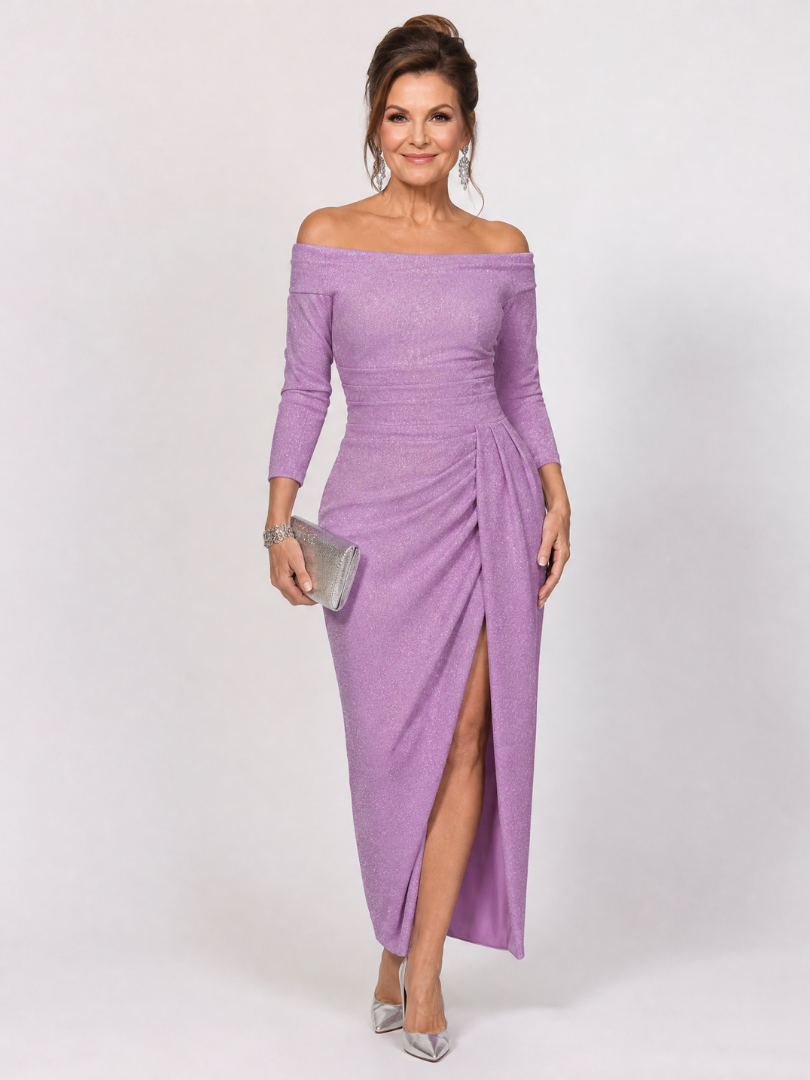 NORIA | Vestido de largo medio con abertura y hombros descubiertos