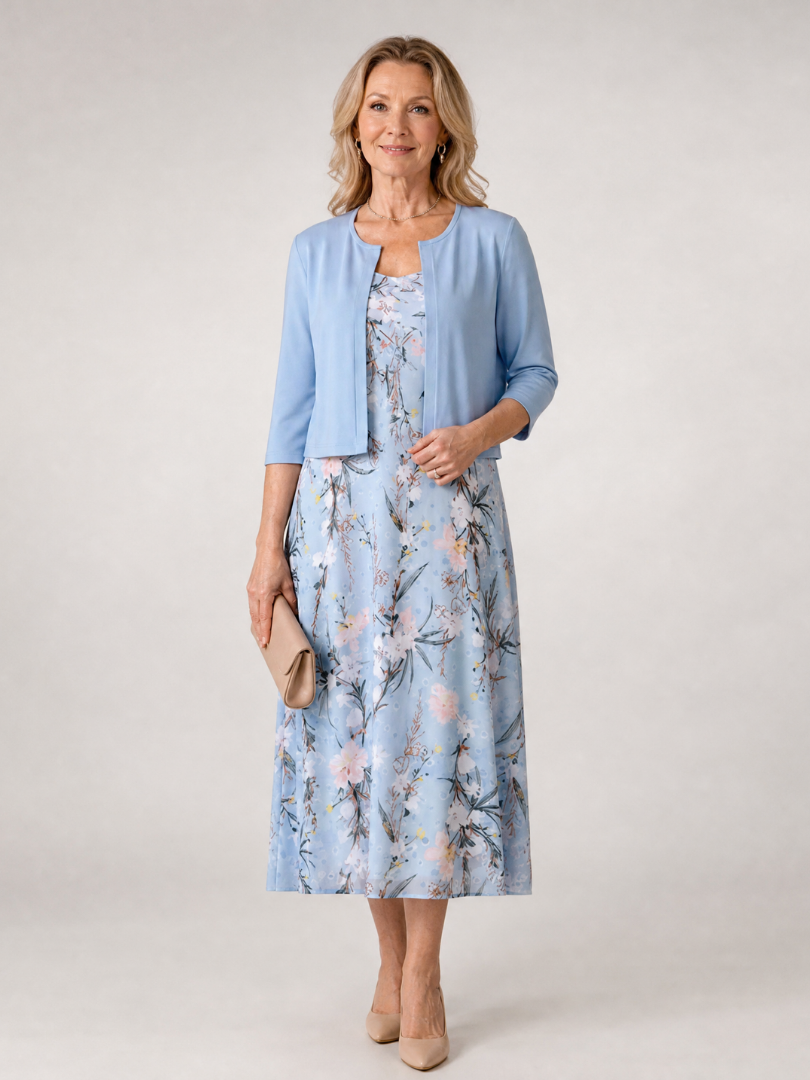 NORIA | Vestido de largo medio sin mangas con estampado floral y chaqueta corta