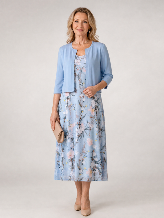 NORIA | Vestido de largo medio sin mangas con estampado floral y chaqueta corta
