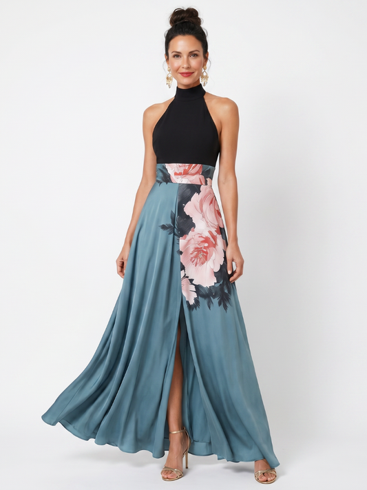 NORIA | Vestido largo con cuerpo al cuello y falda floral