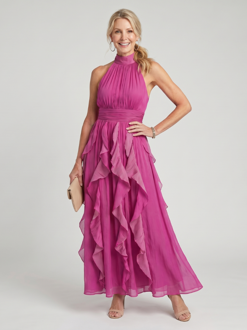 NORIA | Vestido largo con cuello alto y volantes superpuestos