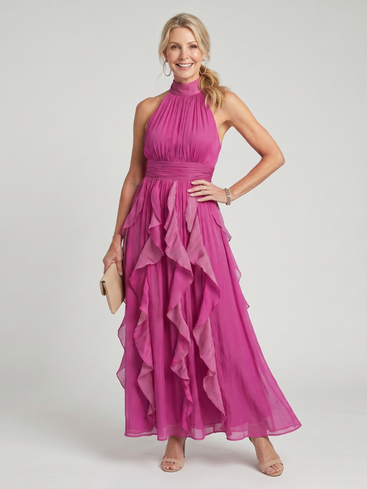 NORIA | Vestido largo con cuello alto y volantes superpuestos