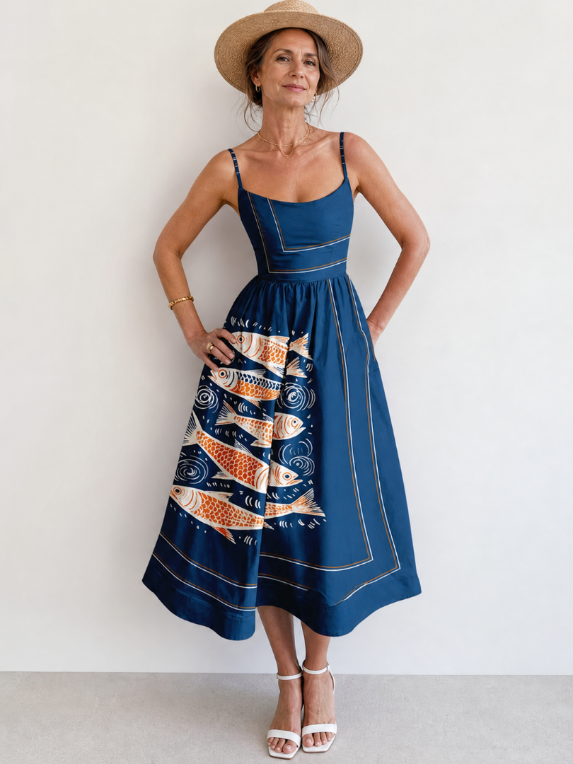 NORIA | Vestido de largo medio sin mangas con estampado de peces