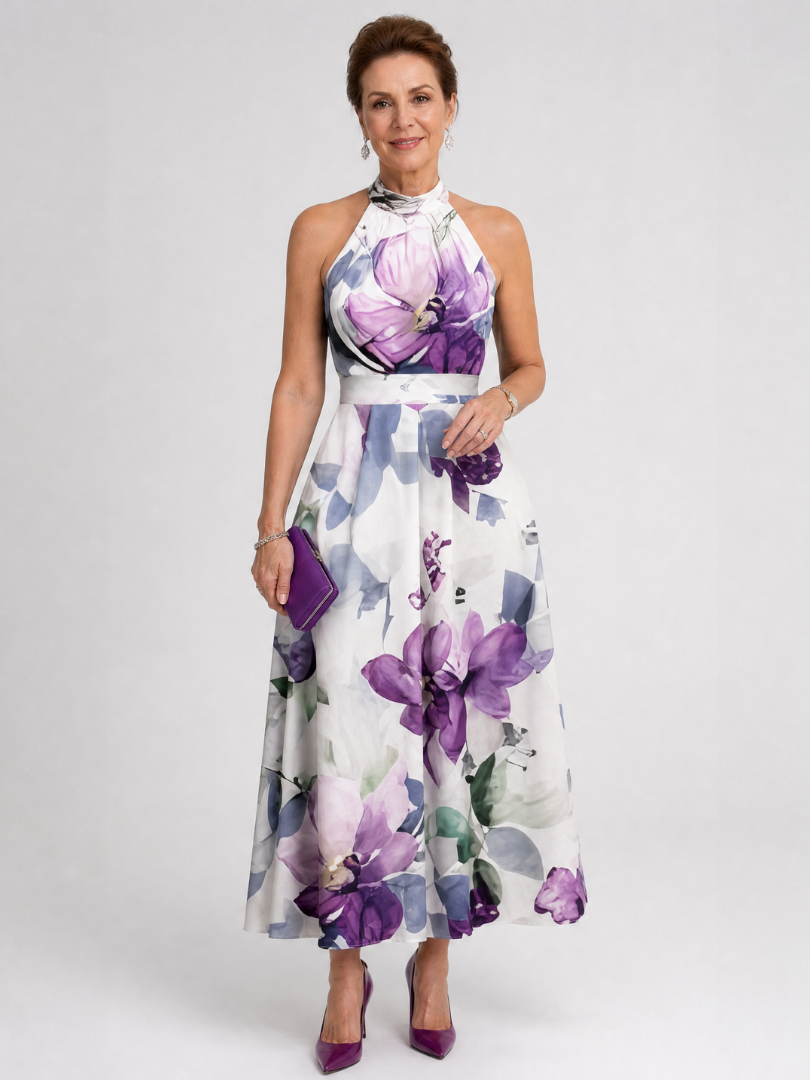 NORIA | Vestido de largo medio fluido con escote al cuello y delicado estampado floral