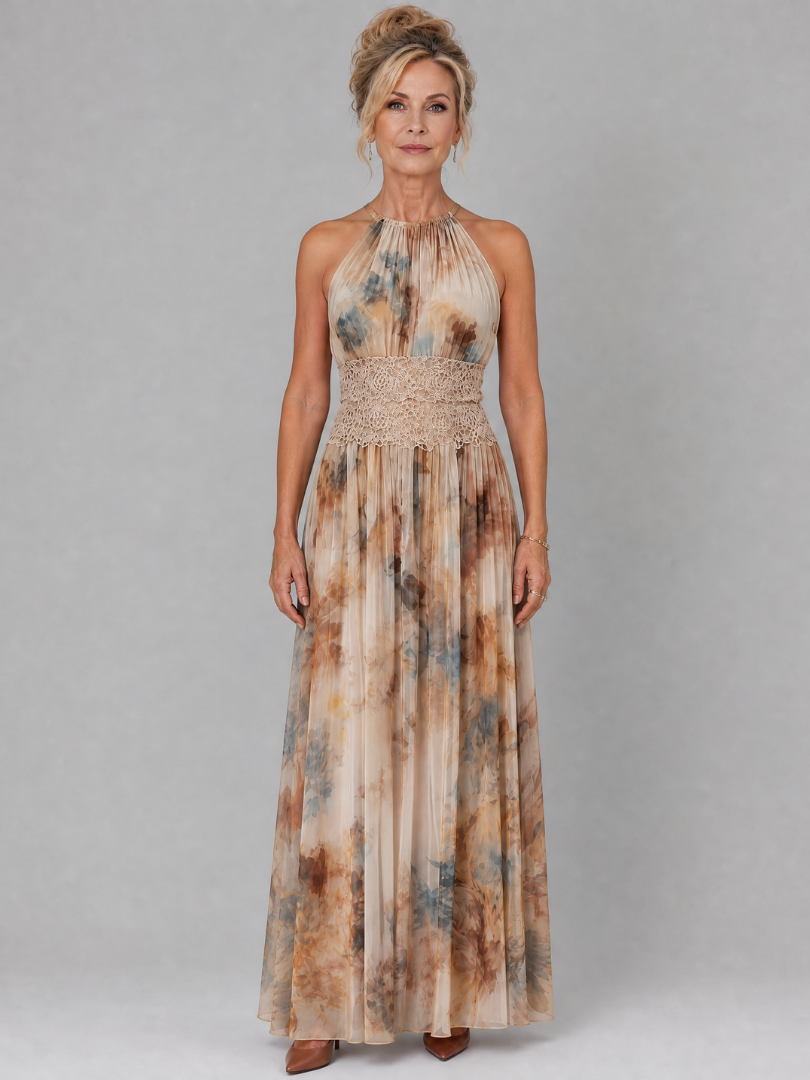 NORIA | Vestido largo con escote al cuello y cintura de encaje