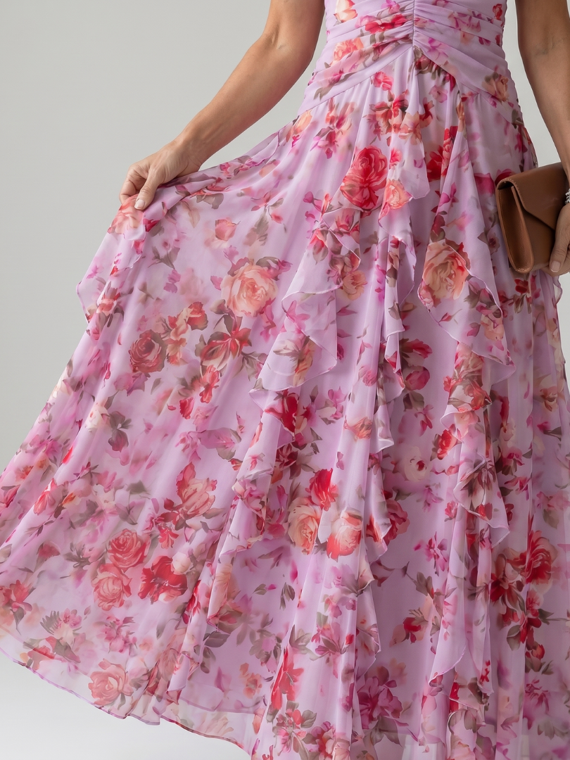 NORIA | Vestido largo floral con escote al cuello y cuerpo fruncido