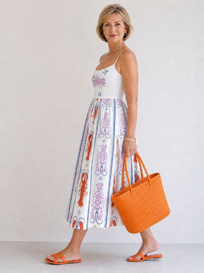 NORIA | Vestido de largo medio sin mangas con estampado de langostas